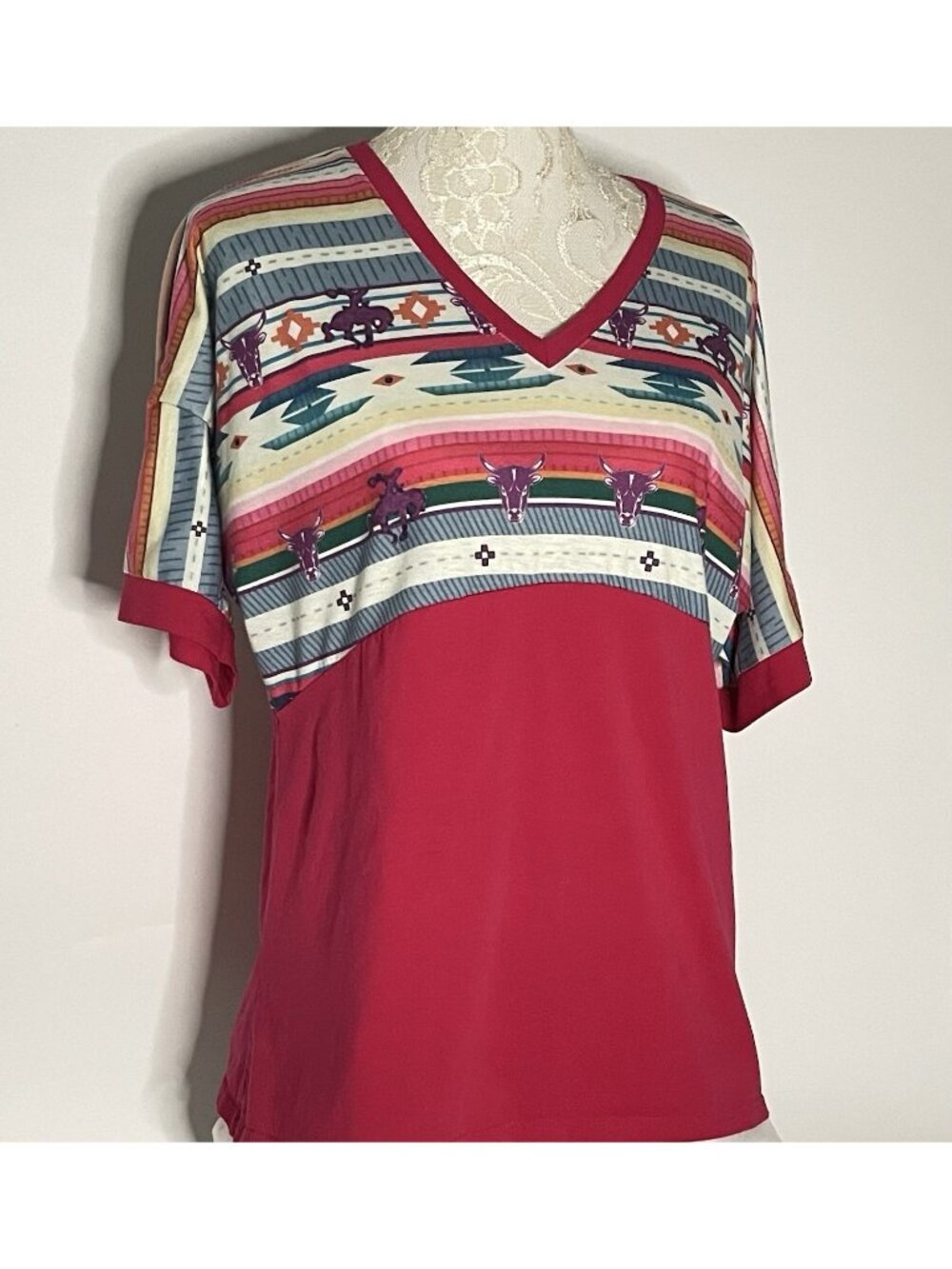 Western Cowgirl Bull Skull Aztec Dolman Top Pink Rodeo Boho sz S V Neck  T Shirt